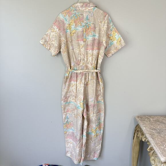 GAP Linen Jumpsuit Womens 8 Beige Tropical Floral Button Front Collared Belted - Picture 5 of 8